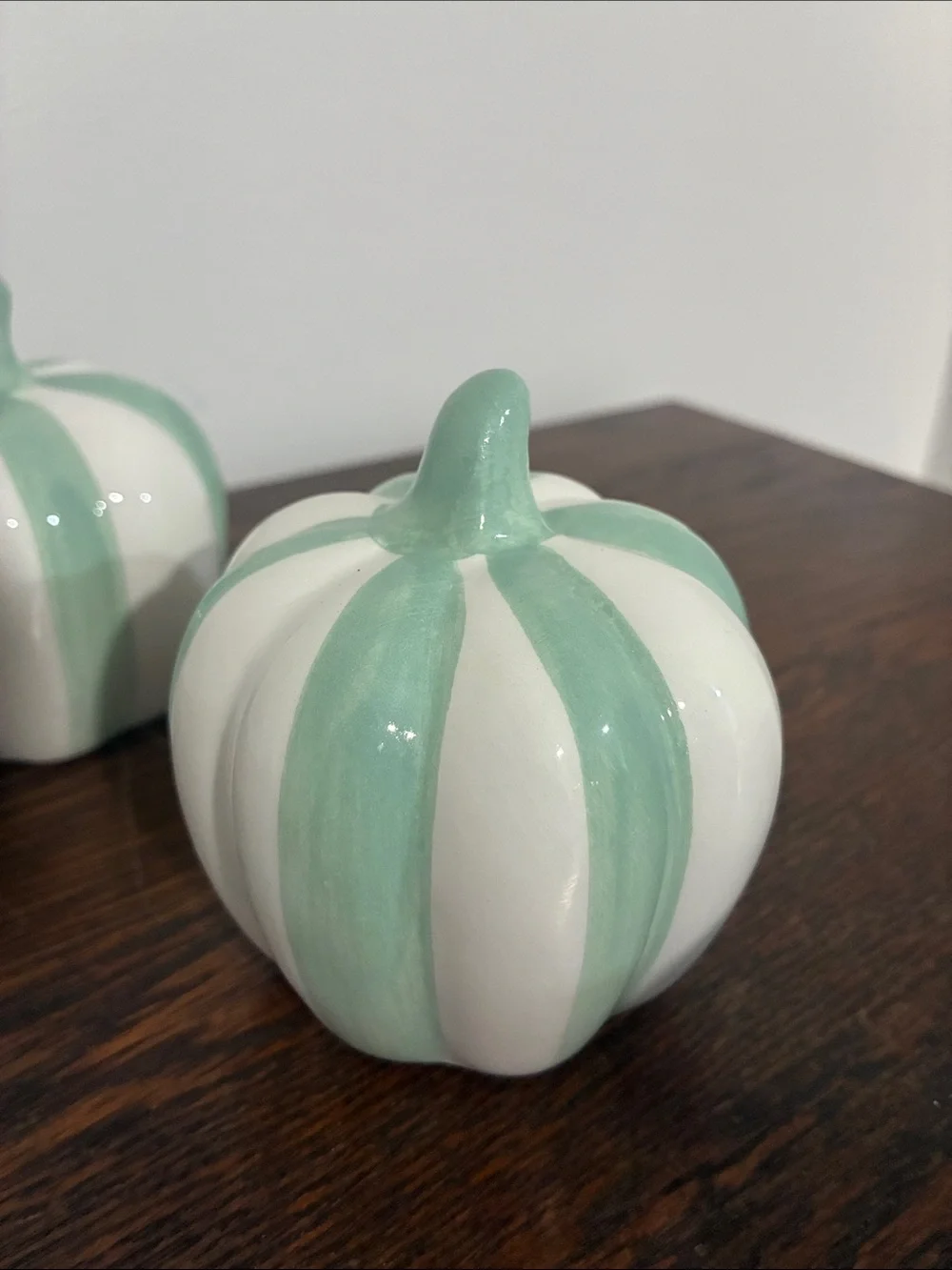 NWT- Set of 3- White & Mint Green Stripe Ceramic Pumpkins